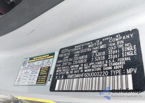 2013 Hyundai Santa Fe Gls z USA, uszkodzony, nr VIN KM8SM4HF6DU003220